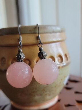 Handcrafted Pink Rose Quartz Drop Earrings - Feminine Bead Dangles